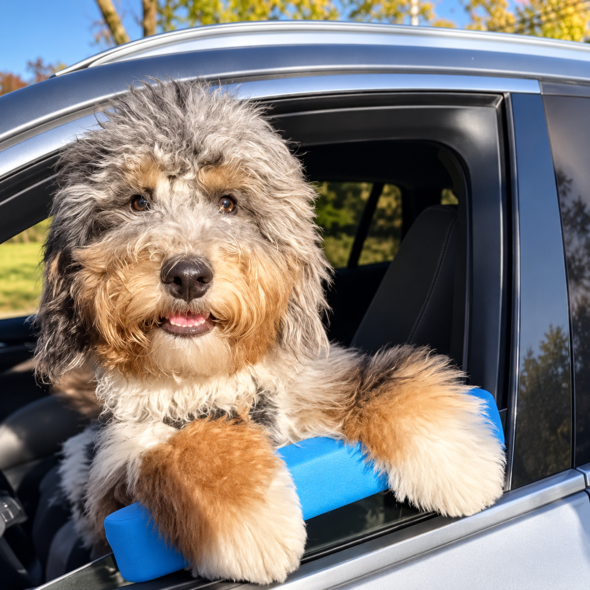 Dog using the blue car window chin rest cushion