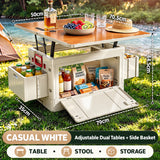 Casual White folding camping storage box with adjustable dual tables and side basket