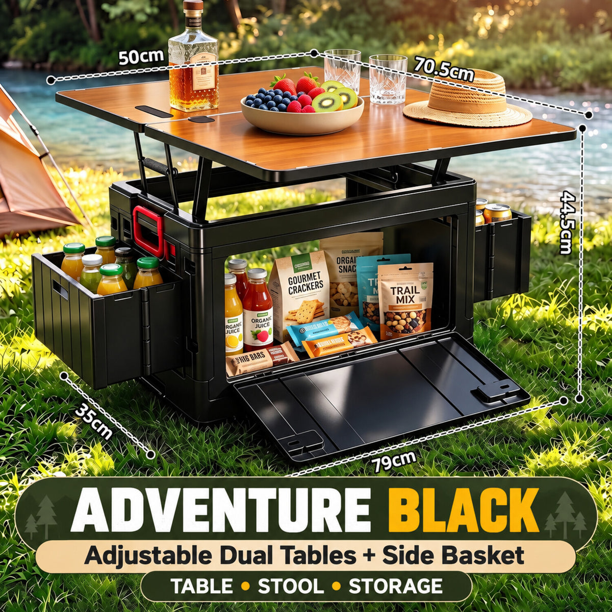 Adventure Black folding camping storage box with adjustable dual tables and side basket