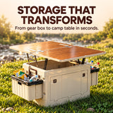 Camping storage box transforming into an elevated camp table