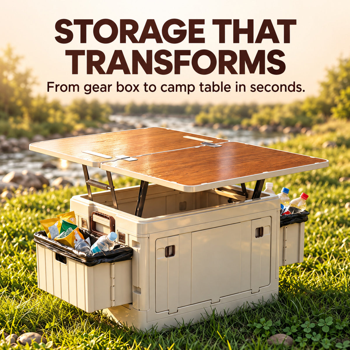 Camping storage box transforming into an elevated camp table