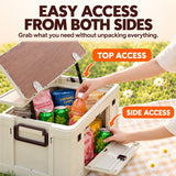 Top and side access to stored camping supplies