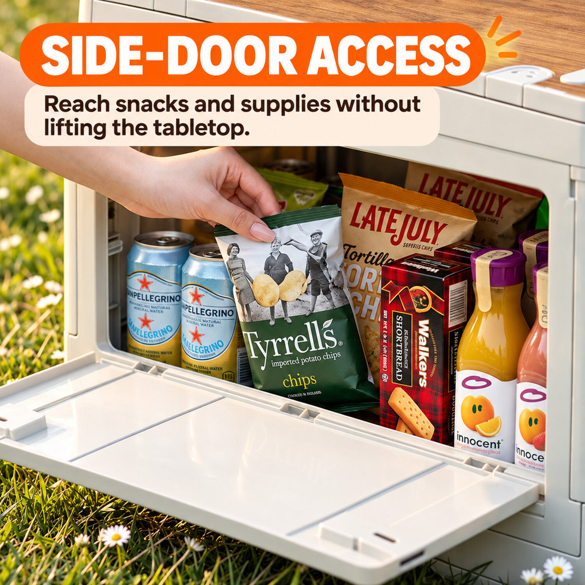 Side-door access to snacks and drinks