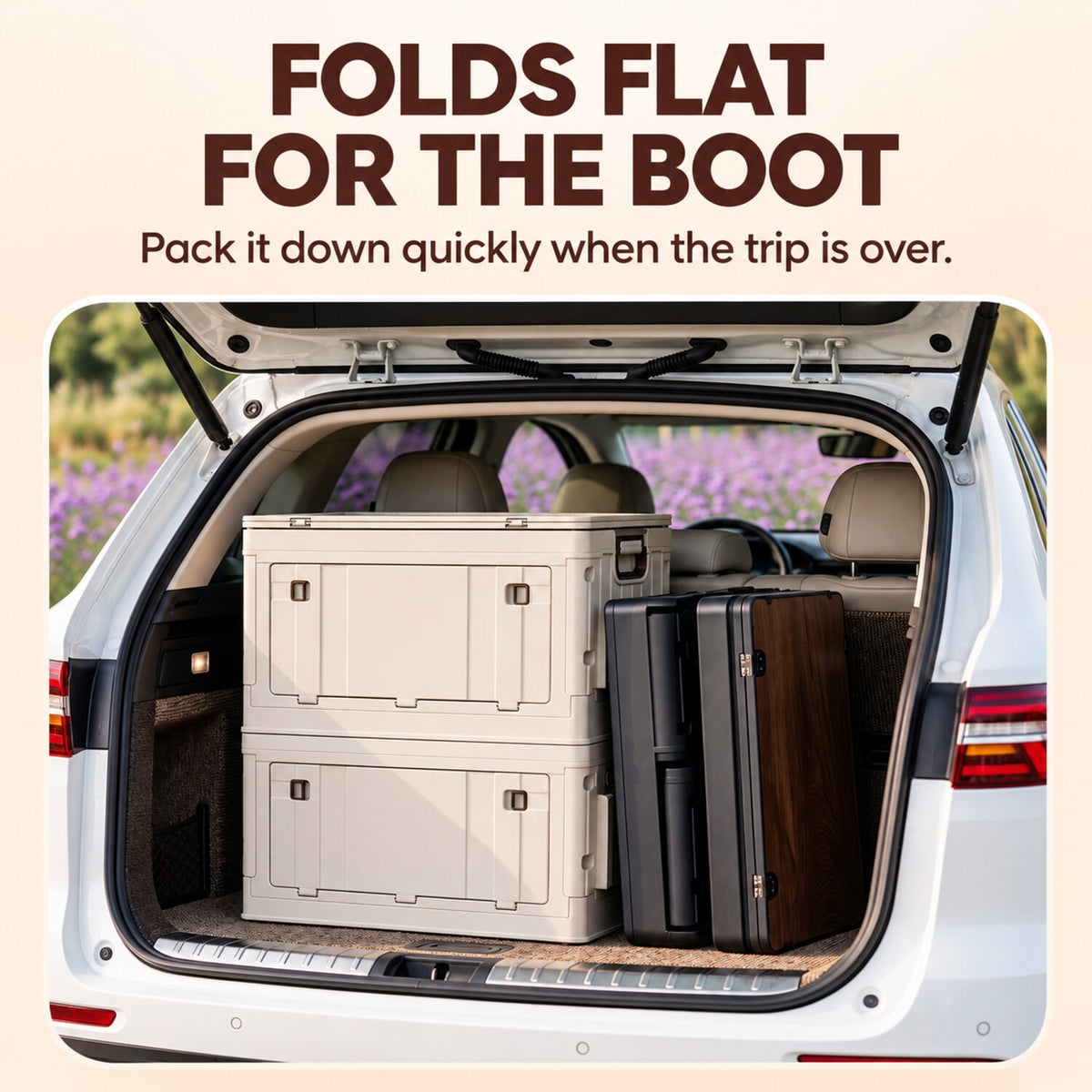 Foldable camping storage boxes packed in a vehicle boot
