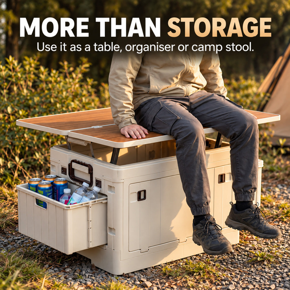 Camping storage box used as a table and camp stool
