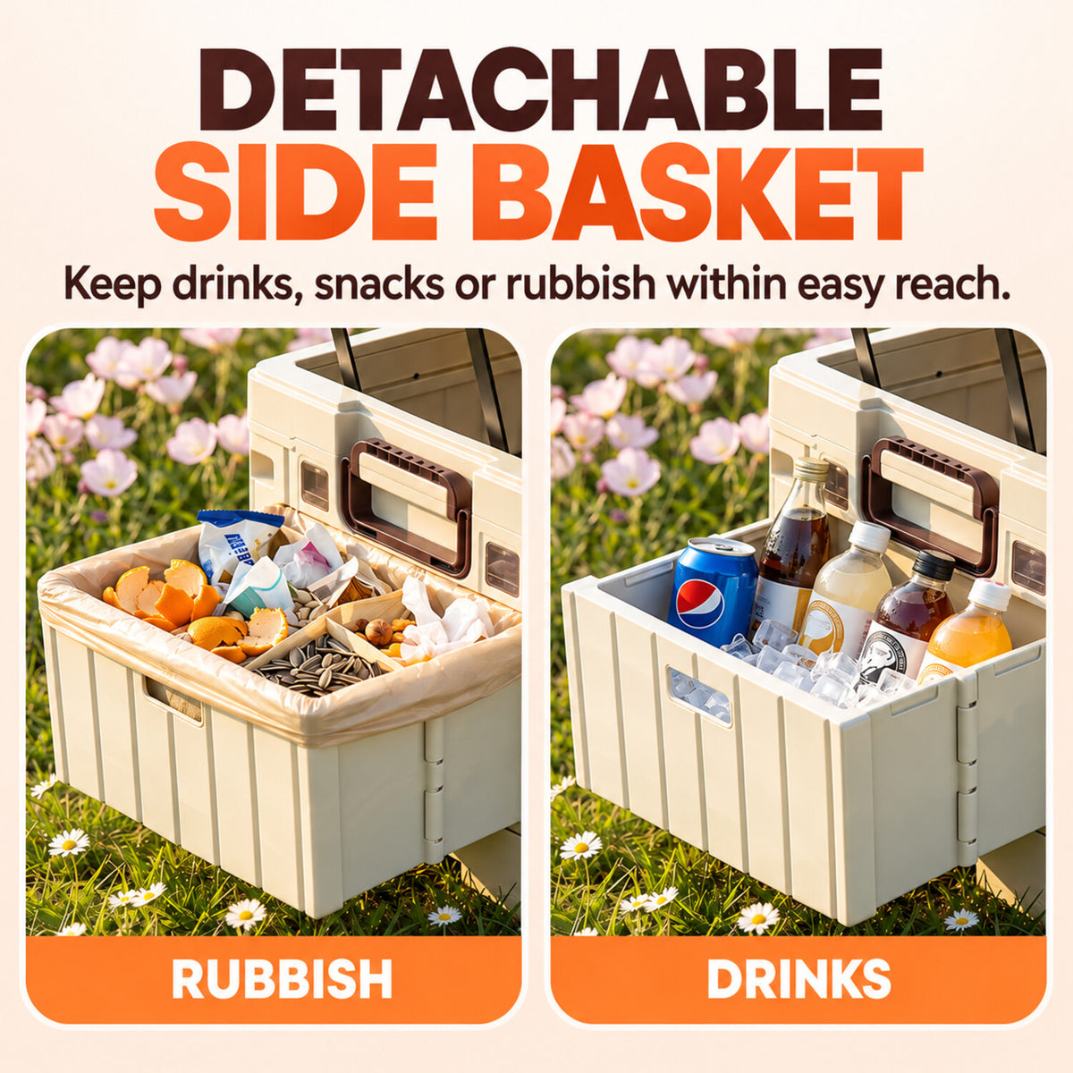 Detachable side basket for drinks snacks or rubbish